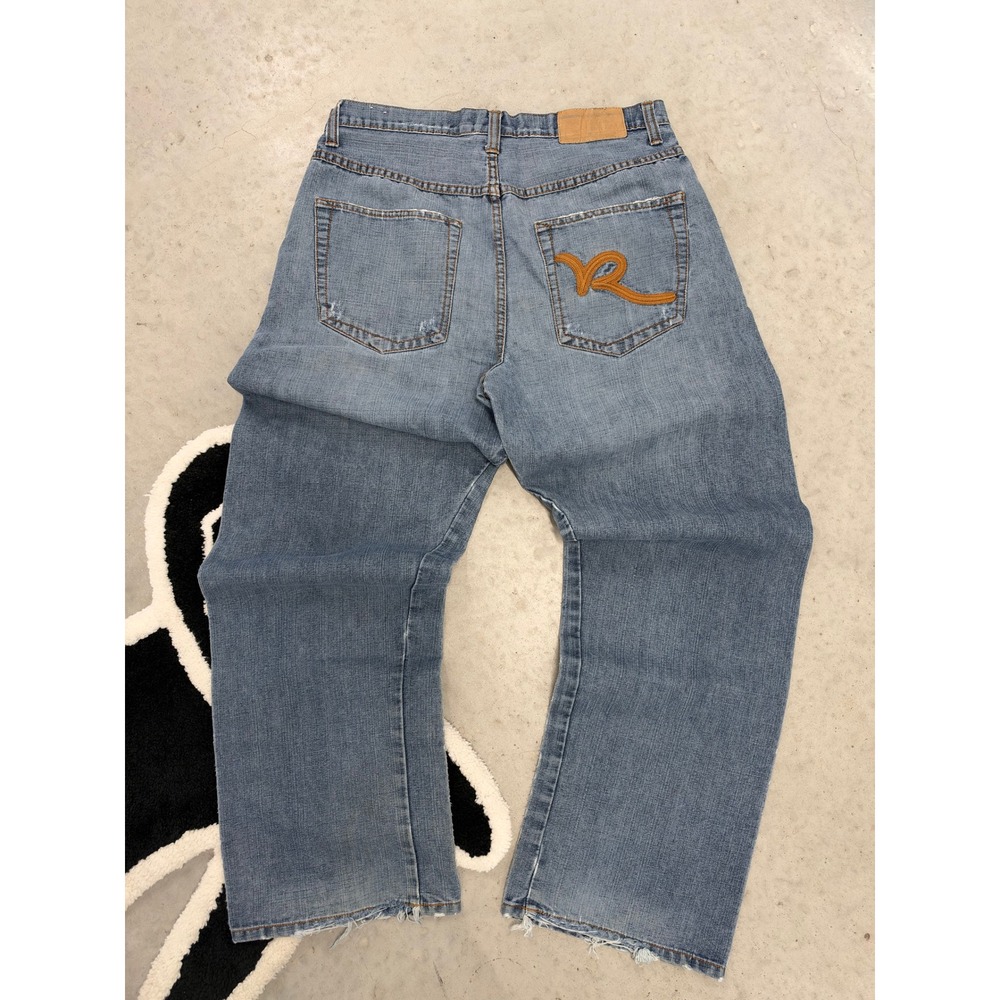 Rocawear Baggy Wide Leg Denim Jeans Medium Wash Embroidered Logo 34x30 Y2K